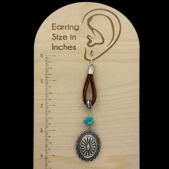 Western Concho Charm Faux Suede Long Dangle Earrings - Picture 2 of 3